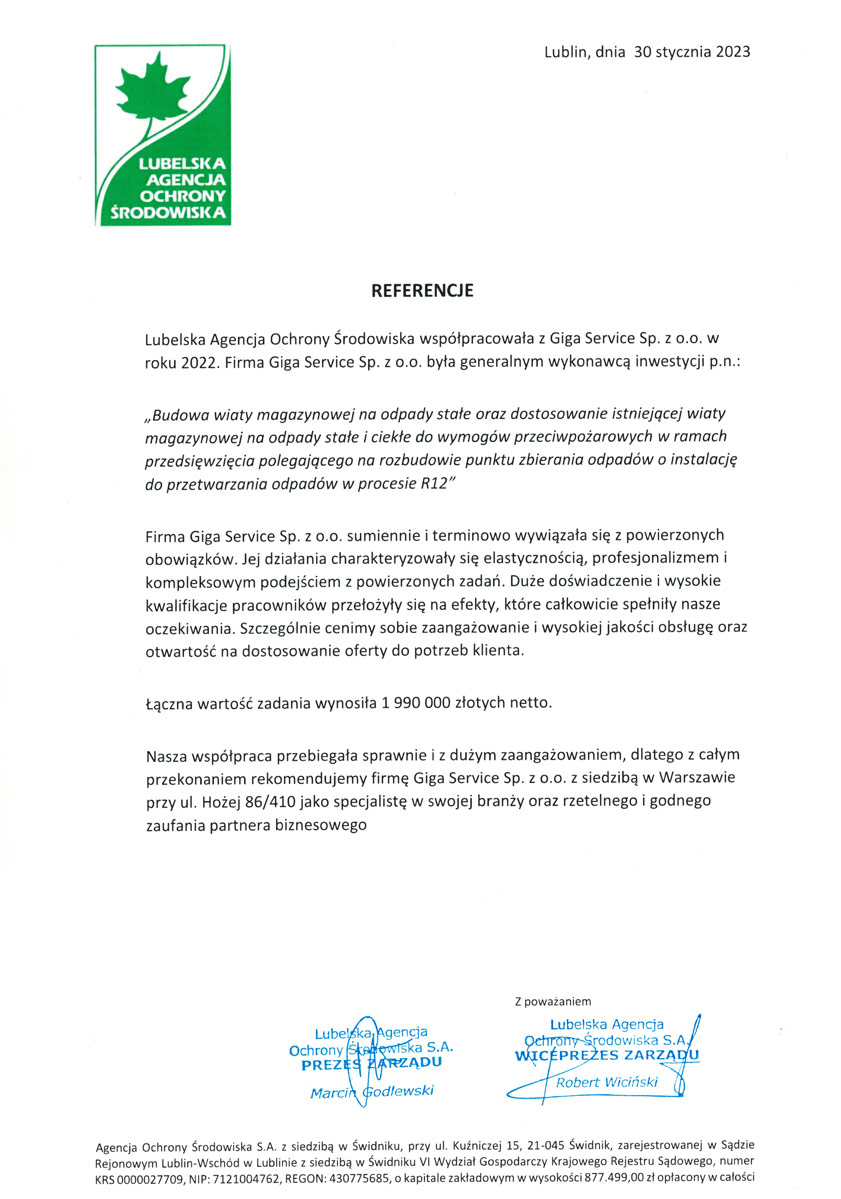 Referencje – Giga Service – firma budowlana